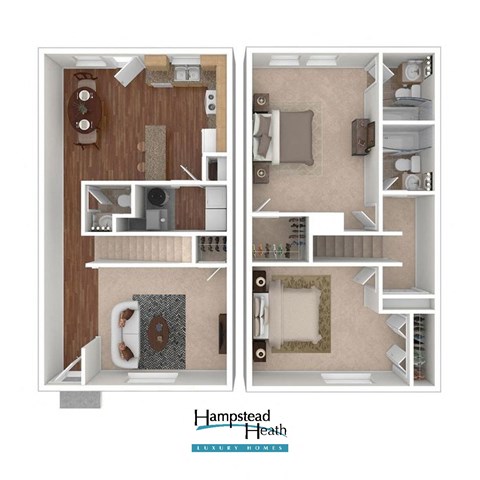Floor plan for 2 beds, 2.5 baths, 1332 sqft